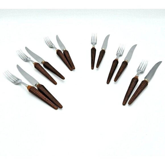 Sheffield SS Cutlery-Faux Stag Bakelite Handles-Set of 6 Knives & Forks-Vintage - Picture 2 of 5